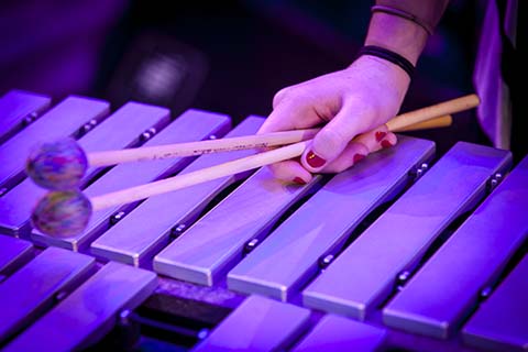 Two mallets being held by a hand resting on a xylophone. 